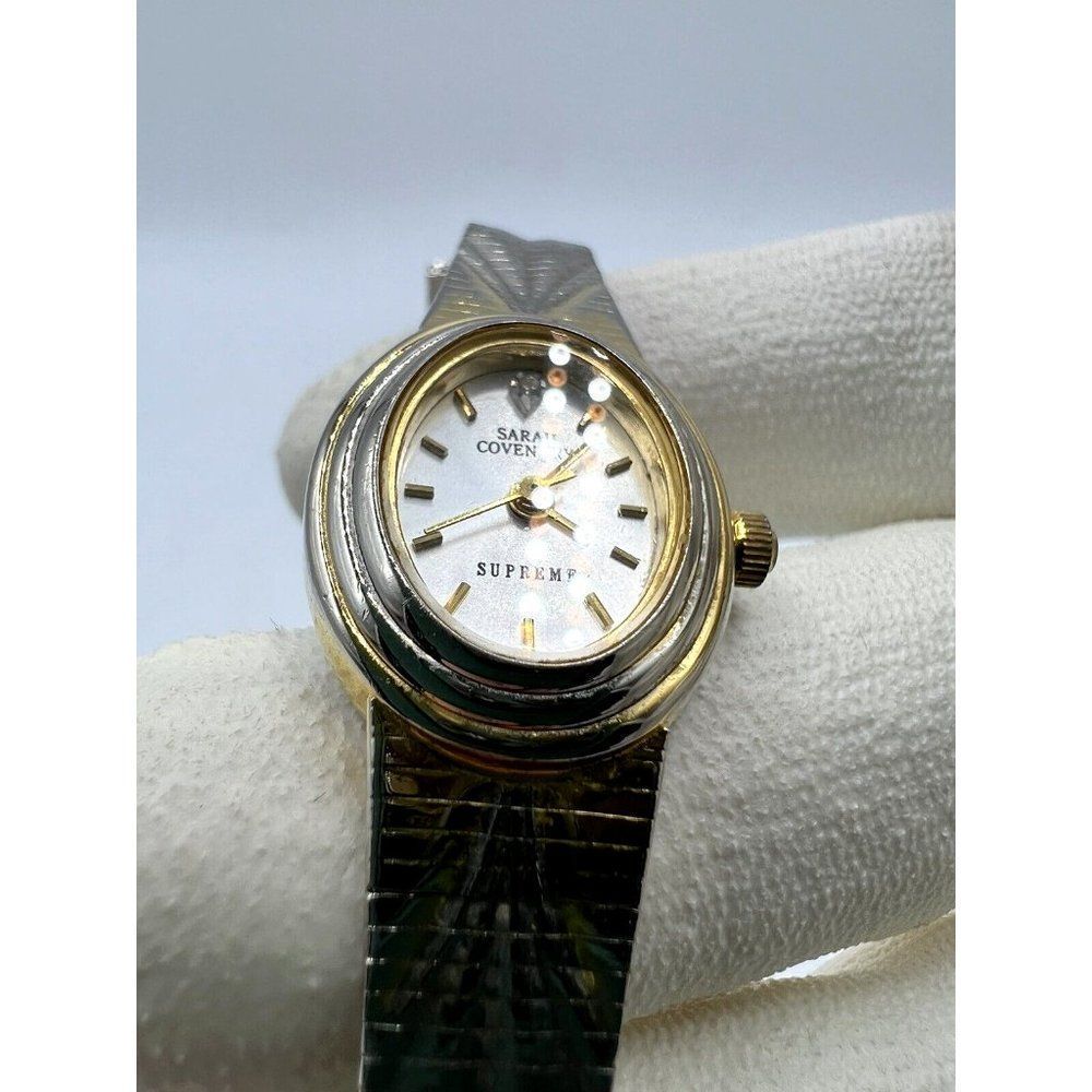 Sarah Coventry Supreme Metal Band Gold Silver Tone Ladies Watch Diamond Chip - Picture 2 of 6